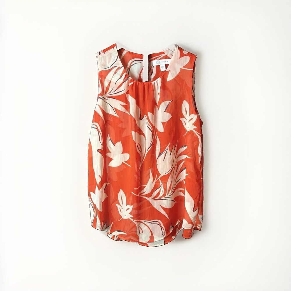Cristina B Women's Floral Sleeveless Round Neck Button Blouse Orange White S